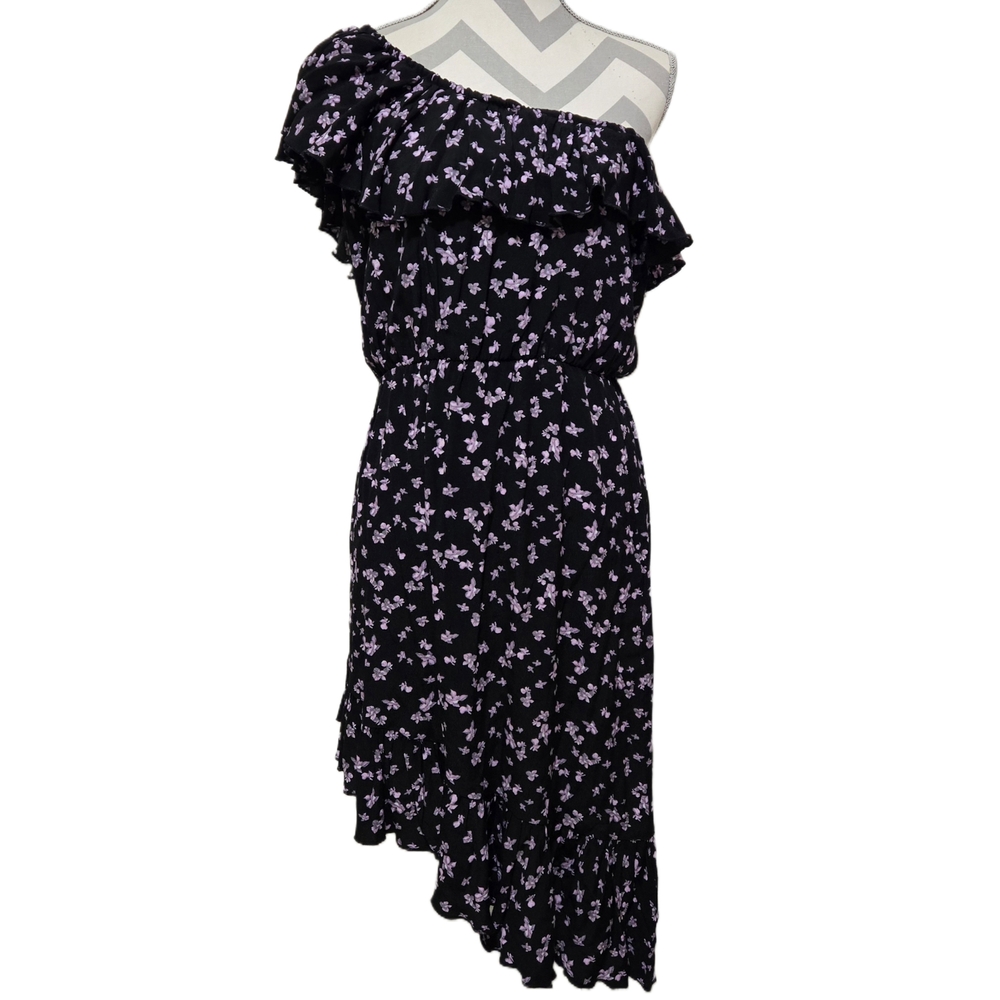 LEITH Floral Dress One Shoulder Ruffle Asymmetric Hem Black Lavender Size Medium